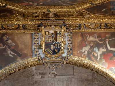 Tra scene che ritraggono i pi� importanti episodi della vita di San Nicola e stemmi dei re di Spagna...